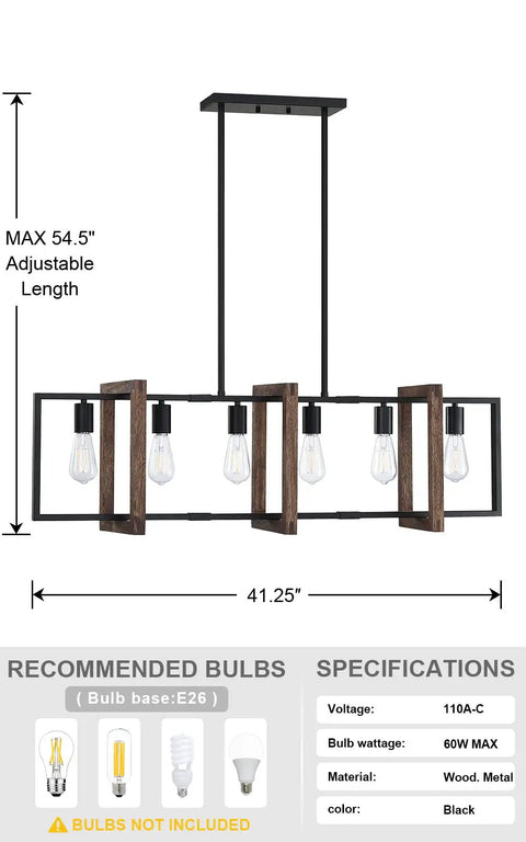 Farmhouse Rustic 6 Light Lantern Cage Chandelier Hand Painted Natural Walnut Wood With Black Finish dimensions and specifications