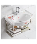 Wall Hung Porcelain Ceramic Sink, Wall Mounted Bathroom Vessel Sink with Towel Rack, 50.5x37x45cm, featuring floral design.