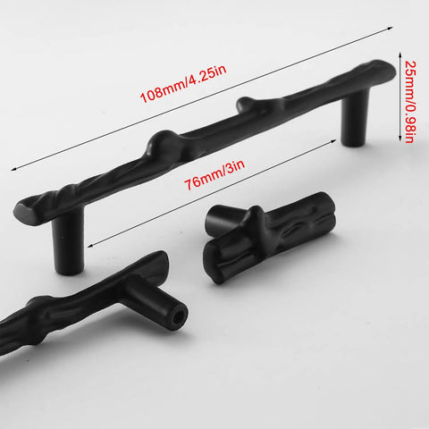 Heavy Duty Black Tree Branch Cabinet Pulls, Hella Durable 3 Inch Drawer Handles in black, showing dimensions and details.