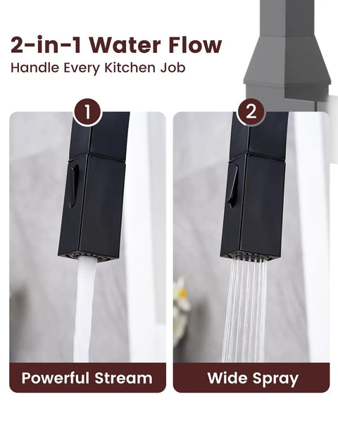 DAYONE Black Square Kitchen Faucet - Modern Pull-Down Sprayer with 2-Mode Kitchen Sink Faucet, 360° Swivel Fits Bar/RV Sinks, SUS 304 Stainless Steel with Square Deck Plate showcasing powerful stream and wide spray flow modes.