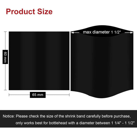 Top Shelf Black Shrink Bands For Bottles And Jars Hella Secure Tamper Proof Sealing Sleeves Sixty Five By Sixty Millimeter Dimensions demonstrating size and fit.