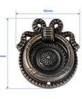 Antique Bronze Ring Pull Cabinet Knob Set, 2-Pack, Single Hole Drawer Handle, front view showing 65 by 50mm dimensions