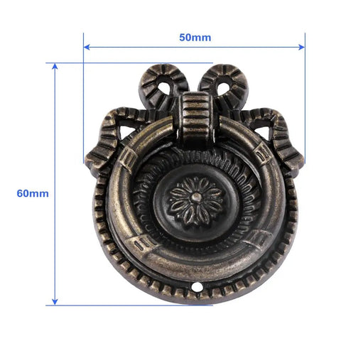 Antique Bronze Ring Pull Cabinet Knob Set, 2-Pack, Single Hole Drawer Handle, front view showing 65 by 50mm dimensions