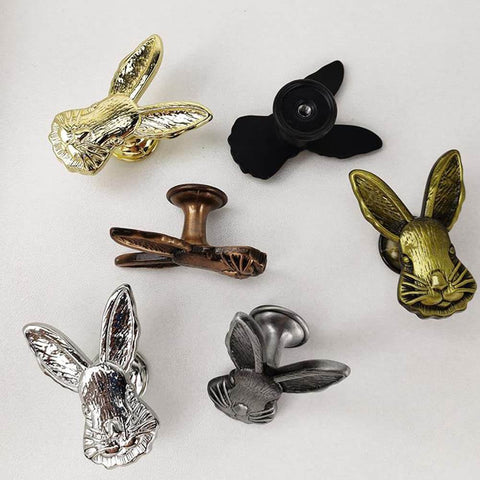 Cute 4 Pack Rabbit Drawer Knobs with 3D Bunny Head Design showing various finishes and styles
