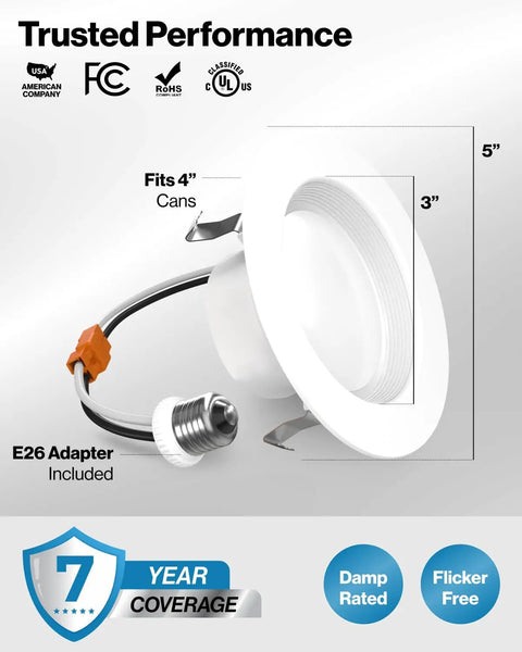 4 Inch Retrofit LED Recessed Can Lights Dimmable Warm White 3000K 11W Equal 60W 660 Lm Baffle Trim Damp Rated side view