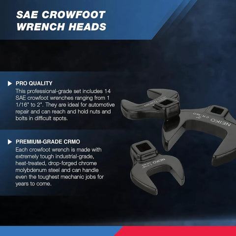Crowfoot Wrench Set 1/2 Inch Drive SAE Jumbo Size 1-1/16 to 2 Inch Cr-Mo 14 Piece for Heavy Machinery displayed against text backdrop.
