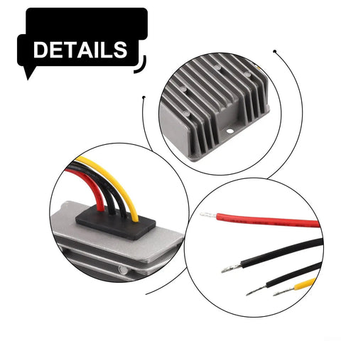 Heavy DC To DC Step Up Converter Boosts 12V Or 24V Straight To 48V Output At 5A IP68 Waterproof connection details with wires.