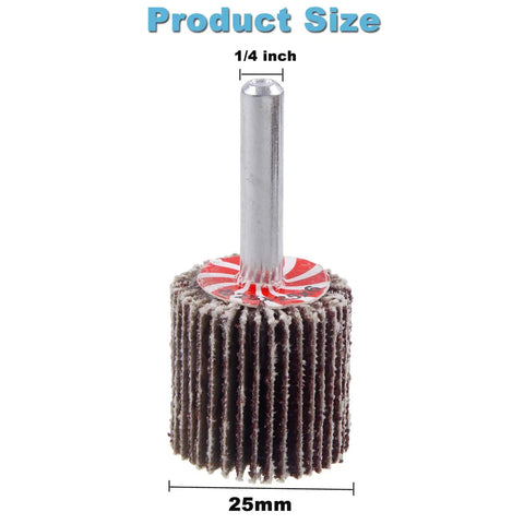 Close-up of 50 Pack Mounted Flap Wheels 1 Inch Diameter By 1 Inch Wide With 1/4 Inch Shank 80 Grit Aluminum Oxide For Rust Removal