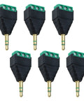 Six black and green 3.5mm stereo male to AV 3 screw terminal block balun connectors, DIY audio cable adapters for headphones and AV gear