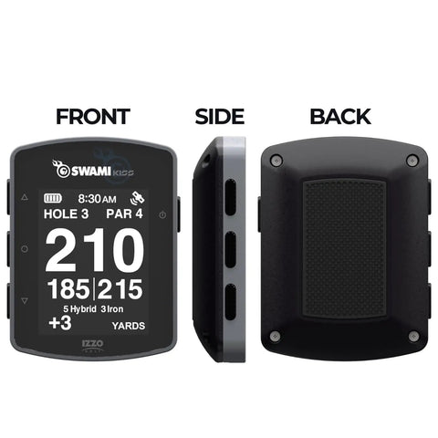 Front, side, and back views of Handheld Golf GPS Rangefinder with Integrated Magnets, auto course recognition, and durable grey finish.