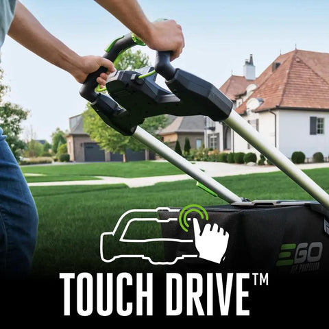 Person using Electric Cordless Self Propelled Lawn Mower With 22 Inch Aluminum Deck Select Cut And Touch Drive on grass