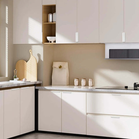 Modern kitchen with Two Pack Adhesive Edge Finger Pulls For Cabinets And Drawers, Flat Stick On Aluminum Alloy Concealed Handles in white.