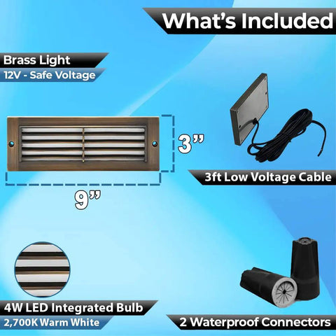 Brass Outdoor Step Lights For Stairs And Decks, Low Voltage Landscape Lighting With Solid Brass Construction, Frosted Glass Lens, LED Bulb Included, Boss Grade For Fence, Paver, And Hardscape Lighting, 9 Inch Wide product components including brass light, 3ft cable, connectors.