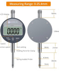 Front view of Digital Dial Indicator Gauge With Magnetic Base And Storage Case 0 To 1 Inch 25.4mm, 0.0005 Inch To 0.01mm Metric Conversion, showing display and measurements