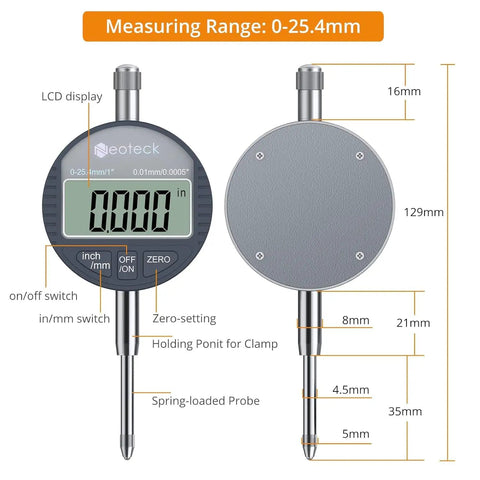 Front view of Digital Dial Indicator Gauge With Magnetic Base And Storage Case 0 To 1 Inch 25.4mm, 0.0005 Inch To 0.01mm Metric Conversion, showing display and measurements