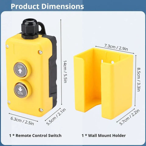 Durable 12 Volt Dump Trailer Remote Control With Up Down Switch for Tippers and Hoists showing dimensions and design.