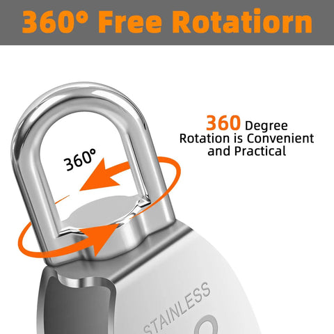 5 Pack 304 Stainless Steel M15 Pulley Block Set With 360 Degree Swivel And 5 Spring Snap Hooks Built Tough Heavy Duty Wire Rope Towing Wheel For Lifting Hoisting Crane Use Outdoor All Weather Rust Resistant, 360° swivel hook close-up