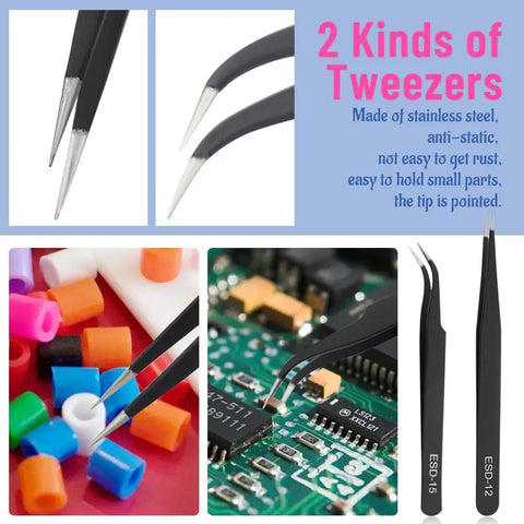 Close-up of 2 kinds of black stainless steel tweezers from 8 Piece Model Tools Kit For Hobbyists And Beginners, Essential Hand Tools Set.