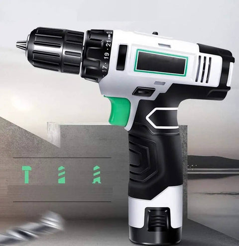 Heavy Duty Cordless Lithium Hammer Drill Impact Driver Kit With 25 Plus One Torque Settings Variable Speed Trigger Grip close-up view of drill with adjustable torque settings.