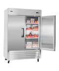Heavy Duty Stainless Steel Upright Freezer 54 Inches Wide 44 Cubic Feet showing meat storage with eight adjustable racks.