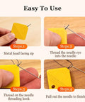 Four steps showing how to use Automatic Needle Threaders for Hand Sewing and Sewing Machines, with yellow plastic tool and needle.