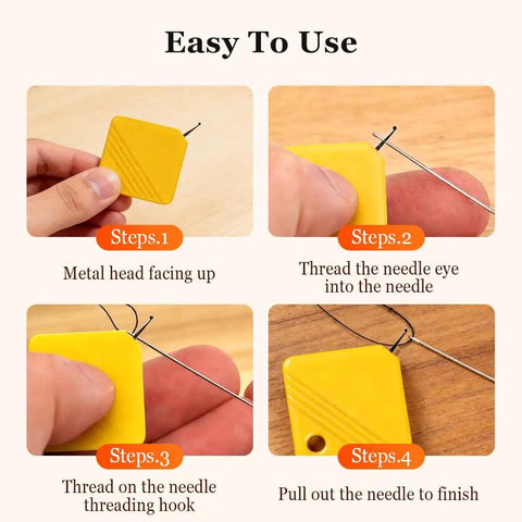 Four steps showing how to use Automatic Needle Threaders for Hand Sewing and Sewing Machines, with yellow plastic tool and needle.