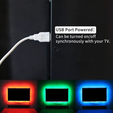 USB-powered 55 To 65 Inch TV LED Backlight Kit with RGB strip lights showing red, green, and blue colors for immersive ambience.
