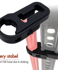 Jack handle keeper clamp in black plastic, shown securing pink Hi-Lift jack handle to a metal jack rail.