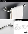 Four Piece Bathroom Hardware Set With Towel Bar Hand Towel Holder Toilet Paper Holder And Robe Hook In Polished Chrome Wall Mounted 17.7 Inch Heavy Duty Stainless Steel Rust Resistant Easy Install showing chrome towel ring with dimensions
