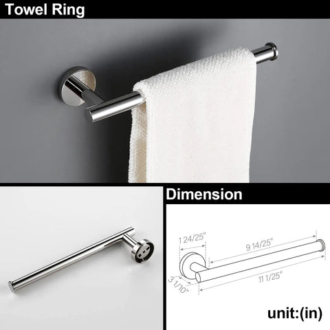 Four Piece Bathroom Hardware Set With Towel Bar Hand Towel Holder Toilet Paper Holder And Robe Hook In Polished Chrome Wall Mounted 17.7 Inch Heavy Duty Stainless Steel Rust Resistant Easy Install showing chrome towel ring with dimensions