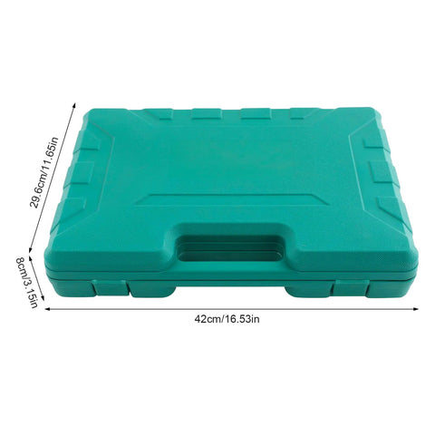 Closed toolbox of Dope Auto Body Dent Repair Kit With 9 Piece Hammer And Dolly Set Steel Sheet Metal Shaping Tools, dimensions shown