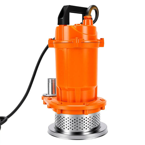 Backyard Workhorse Heavy Duty Submersible Sump Pump Moves 6000 Gph Flawlessly With A Sturdy 10 Meter Head Lift, orange body and stainless steel base.