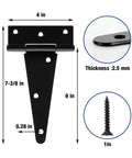 Six Inch T Strap Shed Door Hinges Heavy Duty 2 Pack With 270 Degree Rotation measurements and components shown