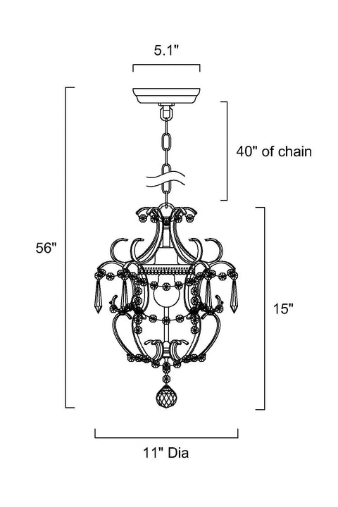 Glam Crystal Mini Chandelier With Ivory Hardware One Light Ceiling Fixture dimensions illustration: 11" Dia, 15" H