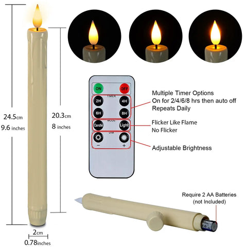 Flameless Taper Candles With Remote Timer And Dimmer Ivory Battery Operated Candle Sticks With Flickering Plastic Led Light For Window Decor 9.6 Inches Dope Halloween And Christmas, showing size and remote control features.