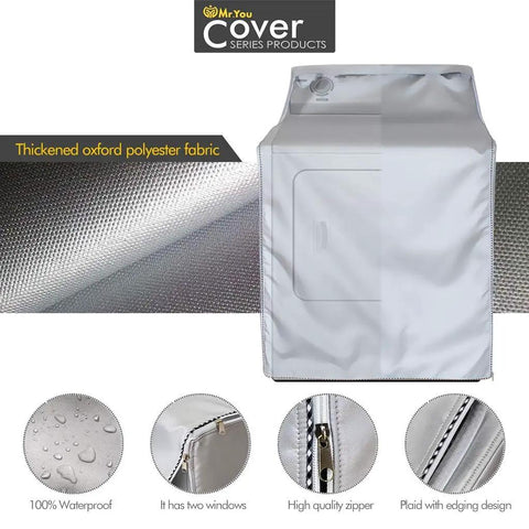 Heavy Duty Outdoor Indoor Washing Machine Cover With Waterproof UV Shield Universal Top And Front Load in silver with features.