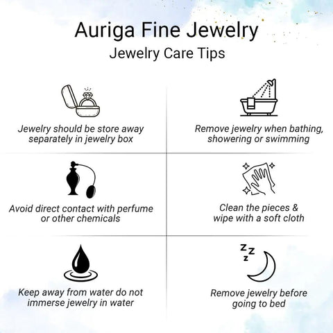 Auriga Fine Jewelry care tips infographic detailing proper jewelry maintenance and storage practices.