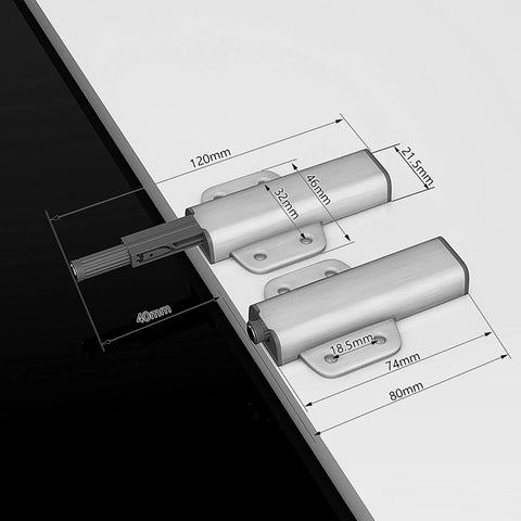 Push To Open Cabinet Latch Set Magnetic Door Touch Latches For Drawer Closure with measurements shown