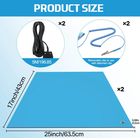 Anti Static Mat Kit For Electronics Workbench, 2 pack heat resistant ESD mats with wrist straps and grounding cords, 17x25 inch