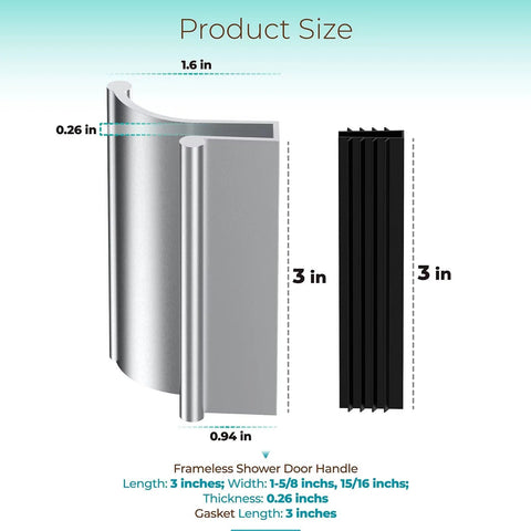 Sliding Shower Door Pull Handle For Glass Doors Fits Various Glass Thicknesses 3 Inch Length In Brushed Nickel Finish shown with dimensions