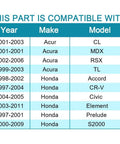 Compatibility chart for Beefed-Up Front Wheel Bearing 510050-A, listing make and model for Acura CL MDX RSX TL, Honda Accord CR-V Civic Element Prelude S2000.