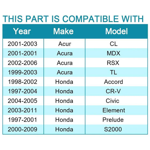 Compatibility chart for Beefed-Up Front Wheel Bearing 510050-A, listing make and model for Acura CL MDX RSX TL, Honda Accord CR-V Civic Element Prelude S2000.