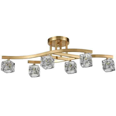 Modern Crystal Ceiling Light Fixture With Brushed Nickel Finish And Ice Cube Glass Shades, 6 Light Semi Flush Mount