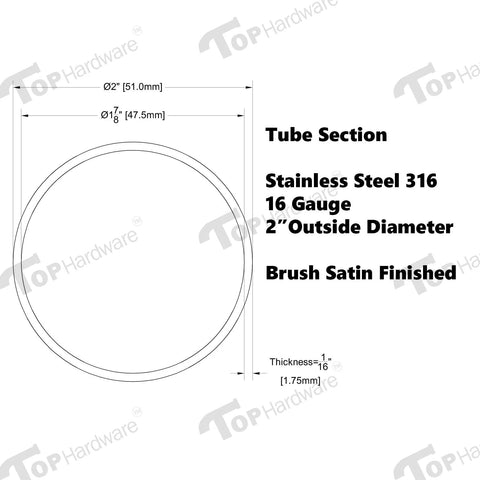 Stainless steel 316 tube cross-section, 2" outside diameter, 16 gauge, brushed satin finish