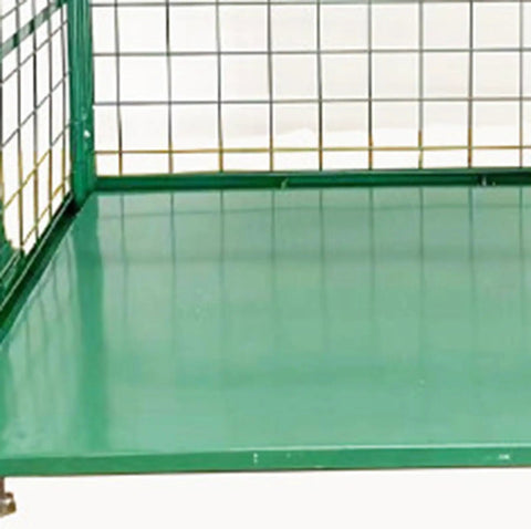Side Opening Foldable Mesh Rolling Cage Cart for Warehouse Use a Real Workhorse Heavy Duty Dolly Trolley with Easy Access Door Space Saving Cage Cart for Quick Loading Unloading and Transport of Boxes and Packages, green steel mesh floor