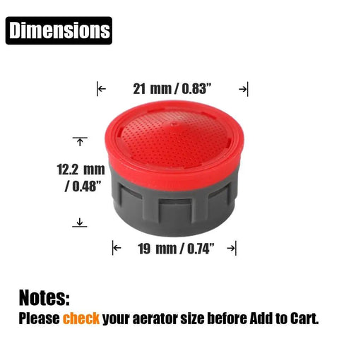 Standard Size Bathroom Faucet Aerators 3 Pack 2.2 Gpm Water Saving Restrictor Inserts showing dimensions with red top and black base.