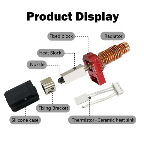 Upgrade 2.0 Ceramic Hotend Kit 0.4mm for Flashforge Adventurer 5M and 5M Pro with parts labeled: radiator, heat block, nozzle, and thermistor.