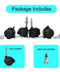 4 Pack M8 Grip Neck Stem Caster Wheels 1.5 Inch Swivel Castors With Locking Brakes Friction Stem Mounts package with accessories