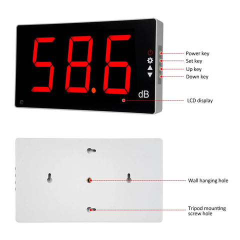 Digital Sound Level Meter With Large LCD Display, Dead Easy To Use Decibel Meter For 30 To 130 dB Range, Upper And Lower Alarm, Adjustable Alarm Time 5 To 120 Seconds, Ideal For Home, Office, Studio, Or Construction Noise Checks. Front and back view with wall and tripod holes