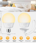Specifications of round LED bulbs with warm yellow light, dimensions, and features in a cozy bedroom setting.